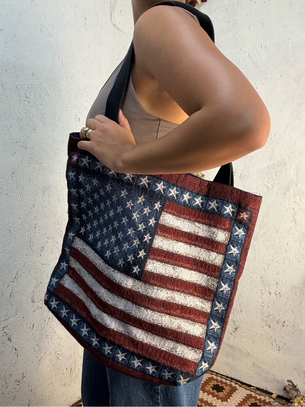 Vintage Style American Flag Tapestry Style Square Tote Bag - Picture 2 of 4